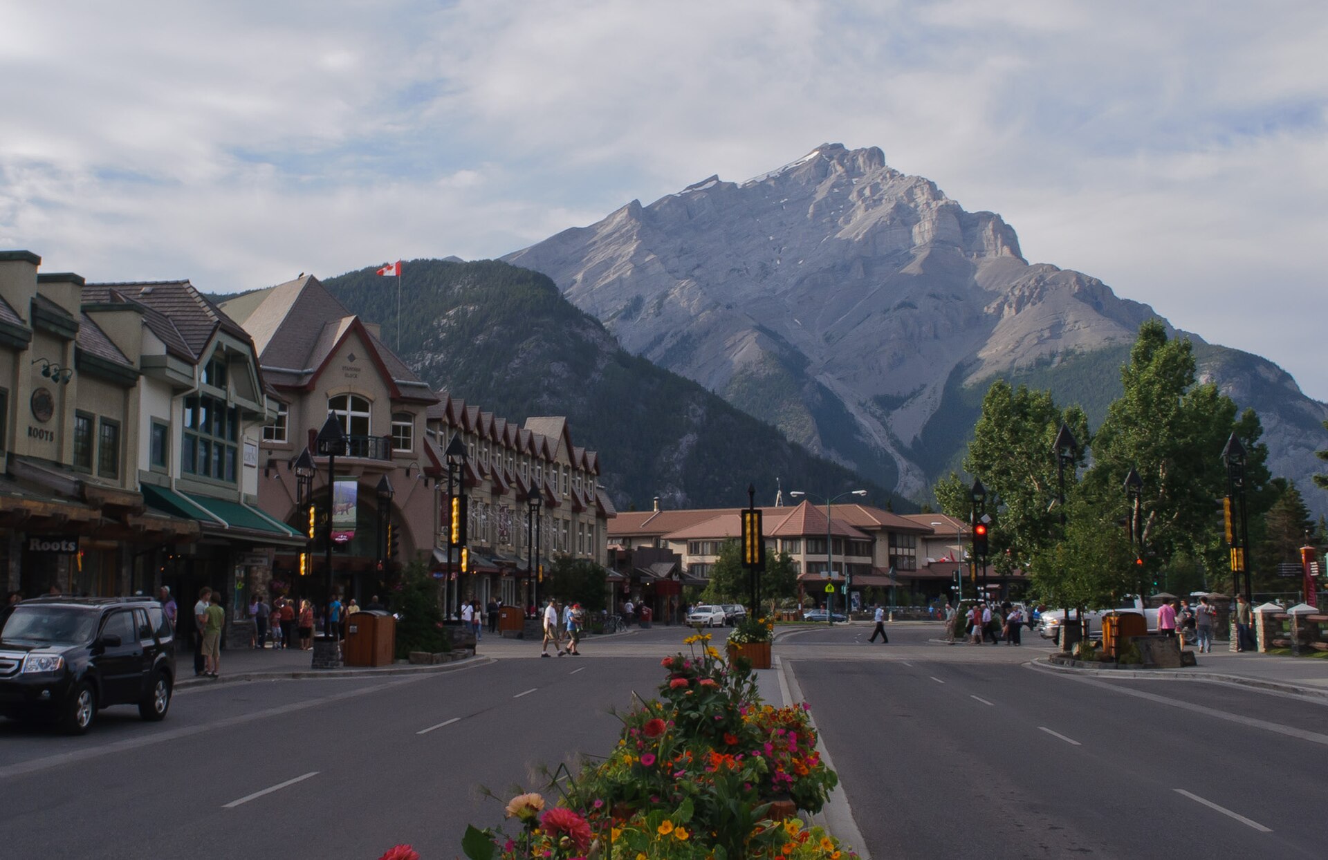 Banff Avenue with mountains
